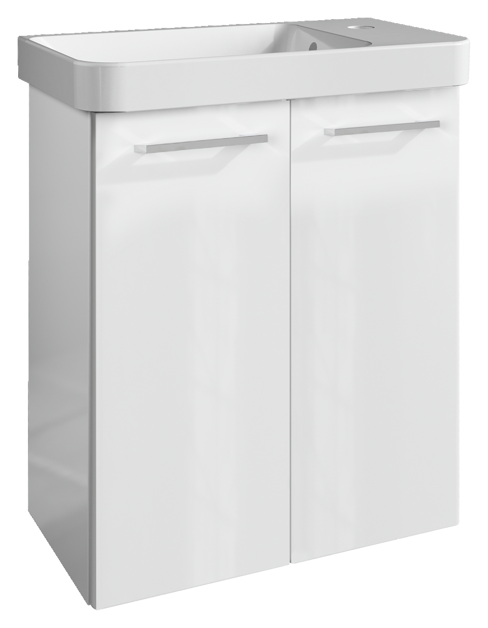 Voleo Waschtisch-Set LARA Moderner weißer Waschtisch mit zwei Türen und integriertem Waschbecken, seitliche Perspektive