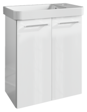 Moderner weißer Waschtisch mit zwei Türen und integriertem Waschbecken, seitliche Perspektive