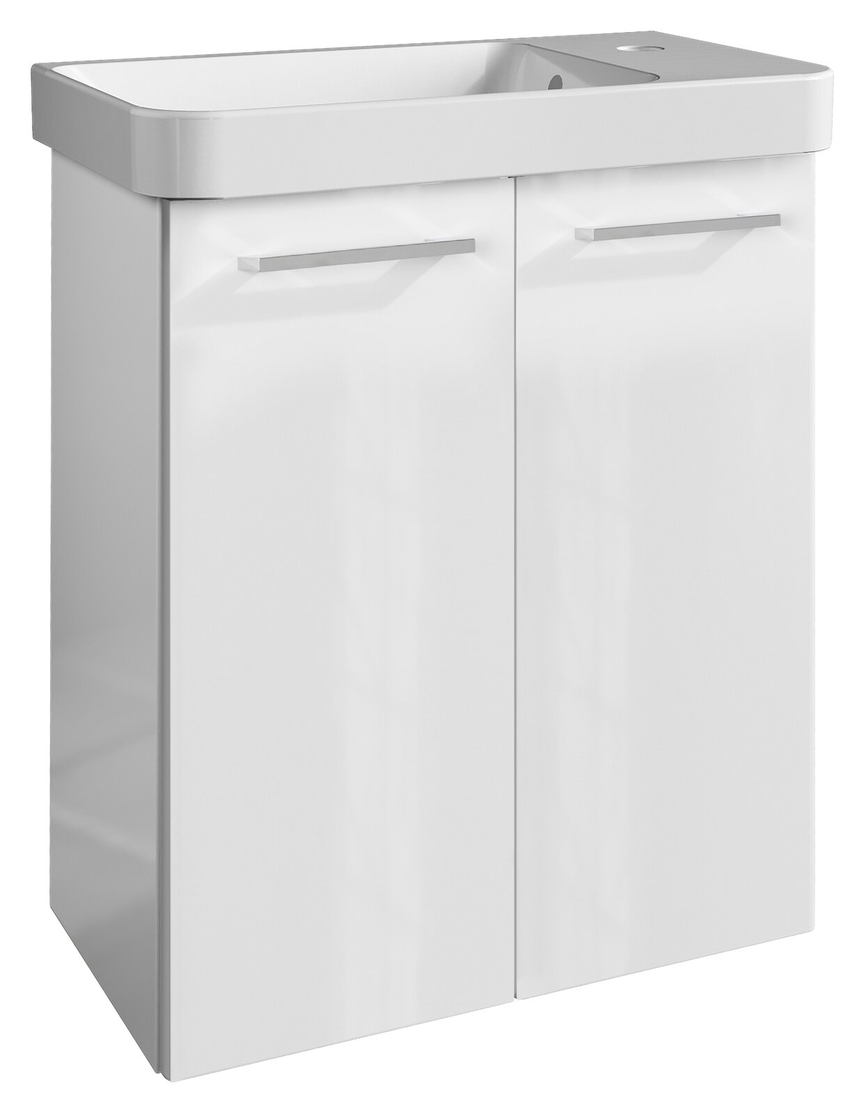 Voleo Waschtisch-Set LARA Moderner weißer Waschtisch mit zwei Türen und integriertem Waschbecken, seitliche Perspektive