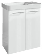 Moderner weißer Waschtisch mit zwei Türen und integriertem Waschbecken, seitliche Perspektive