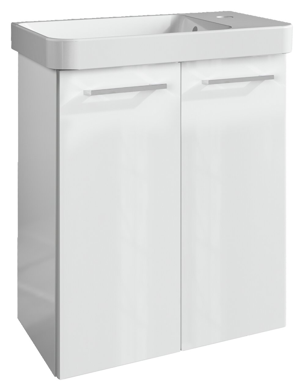 Moderner weißer Waschtisch mit zwei Türen und integriertem Waschbecken, seitliche Perspektive