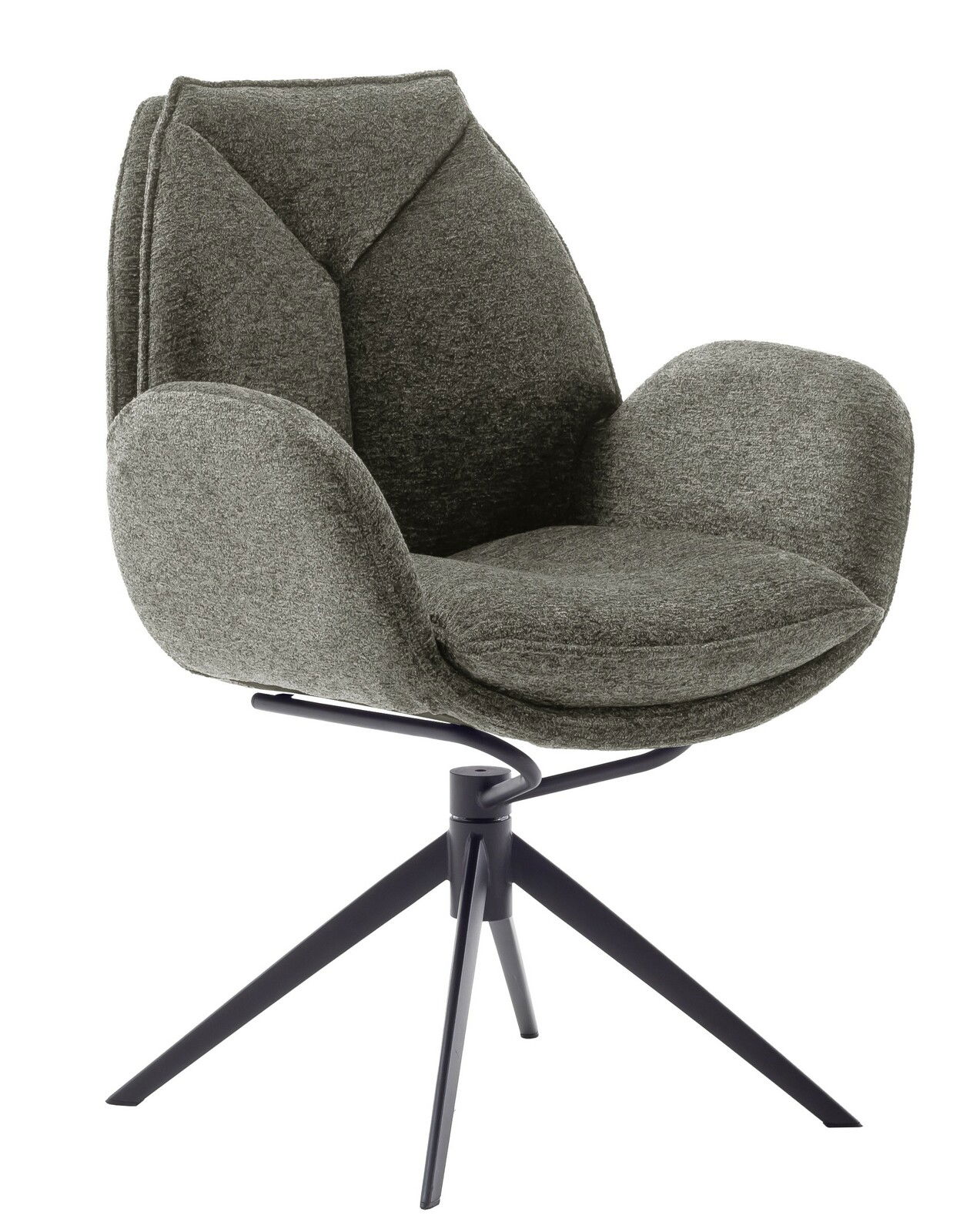 Grauer Armlehnstuhl mit gepolstertem Sitz und Rückenlehne, auf schwarzem Metallgestell, seitliche Perspektive