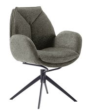 Grauer Armlehnstuhl mit gepolstertem Sitz und Rückenlehne, auf schwarzem Metallgestell, seitliche Perspektive