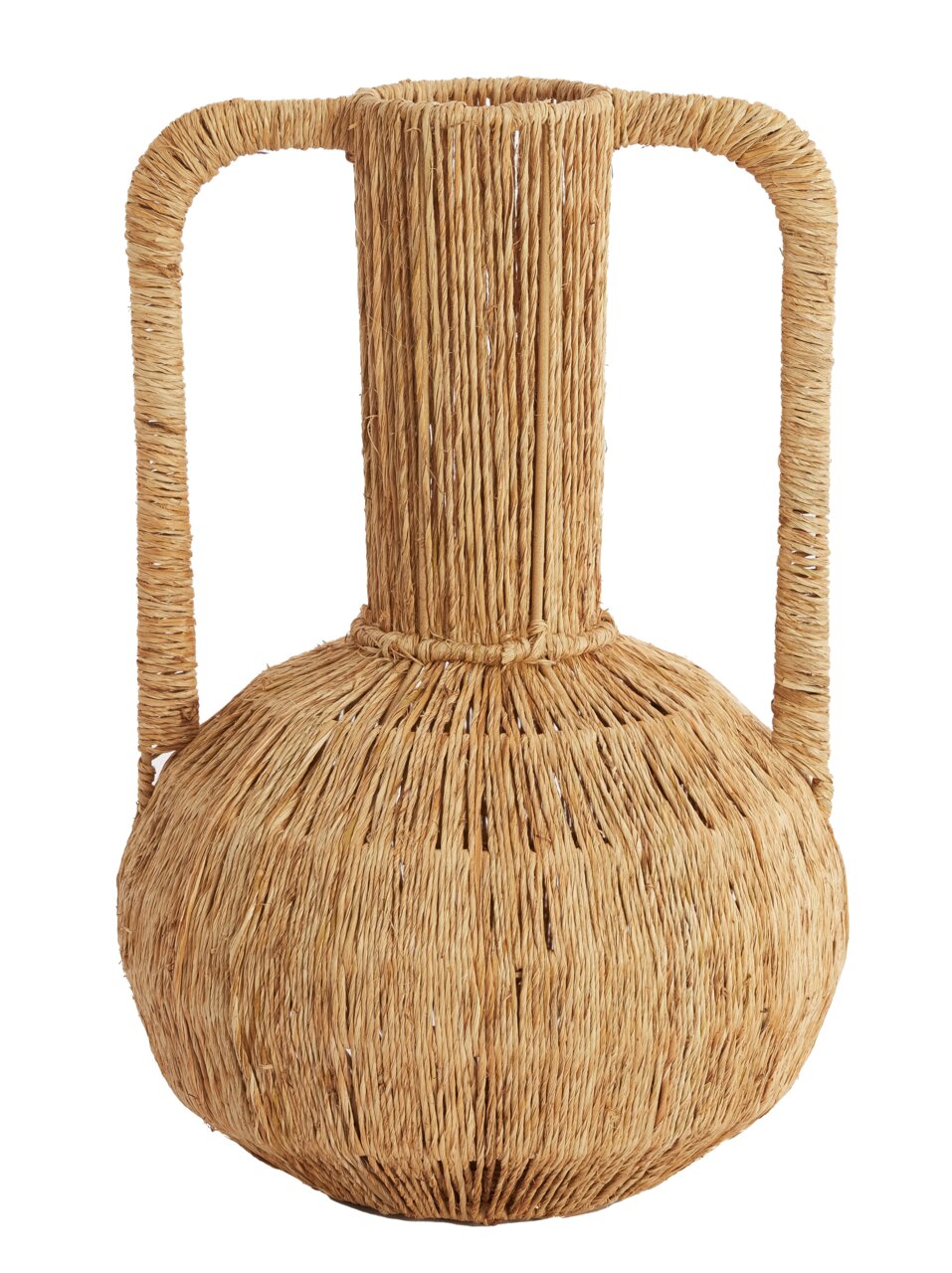 Große, handgefertigte Vase aus geflochtenem Naturmaterial mit zwei Griffen, frontal abgebildet.