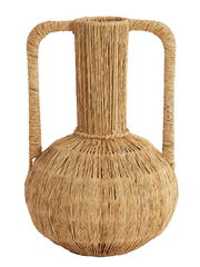 Große, handgefertigte Vase aus geflochtenem Naturmaterial mit zwei Griffen, frontal abgebildet.