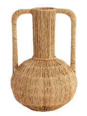Große, handgefertigte Vase aus geflochtenem Naturmaterial mit zwei Griffen, frontal abgebildet.