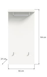 Frontale Ansicht einer weißen Garderobenwand mit Kleiderstange und zwei Haken, Maße 114 cm hoch, 55 cm breit und 27 cm tief.