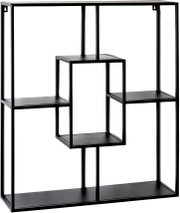 Schwarzes, geometrisches Wandregal aus Metall mit mehreren Ablageflächen und zentralem Kubus, freigestellt auf Weiß, Frontansicht