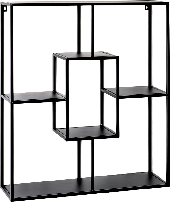 Schwarzes, geometrisches Wandregal aus Metall mit mehreren Ablageflächen und zentralem Kubus, freigestellt auf Weiß, Frontansicht