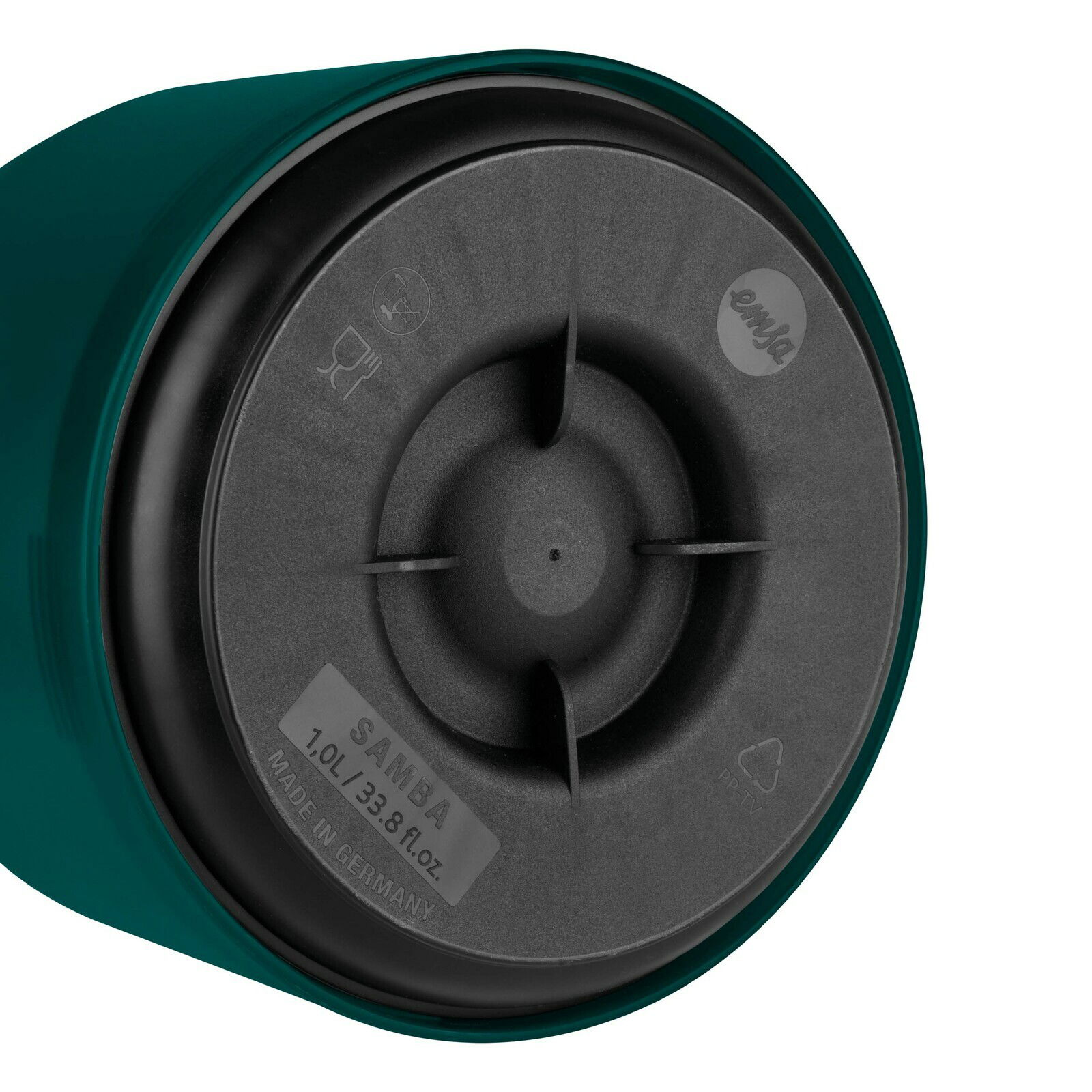 Bodenansicht einer türkisfarbenen Isolierkanne SAMBA mit 1,0 Liter Fassungsvermögen, hergestellt in Deutschland.