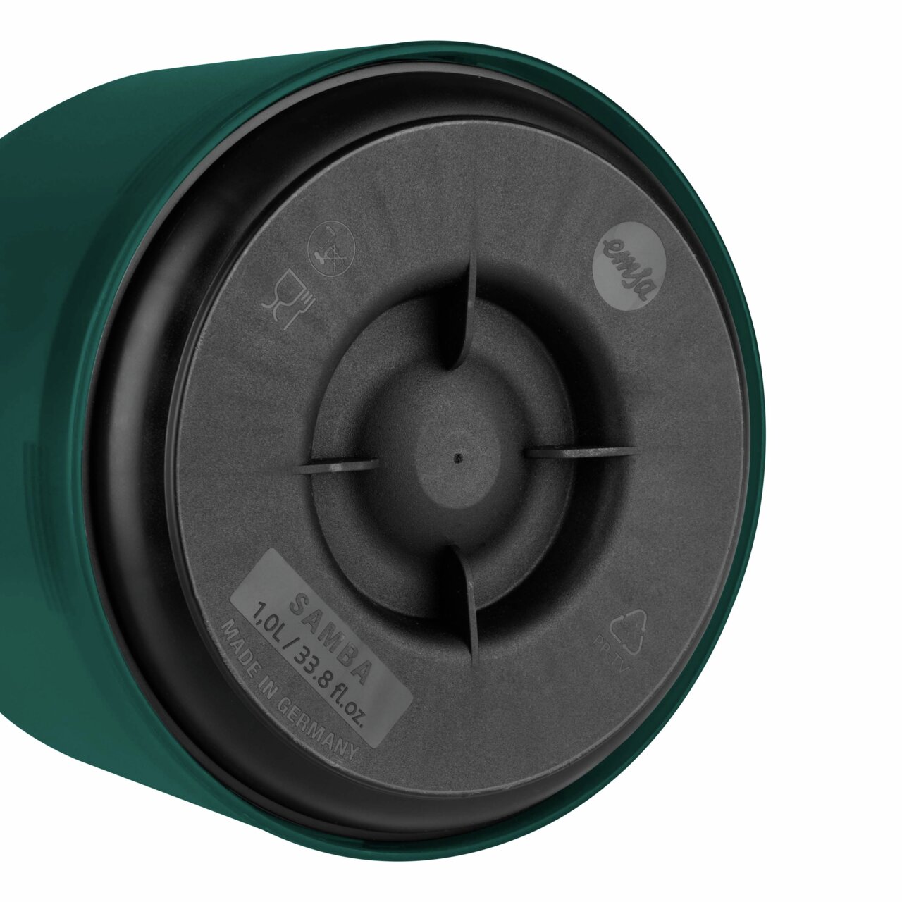 Bodenansicht einer türkisfarbenen Isolierkanne SAMBA mit 1,0 Liter Fassungsvermögen, hergestellt in Deutschland.