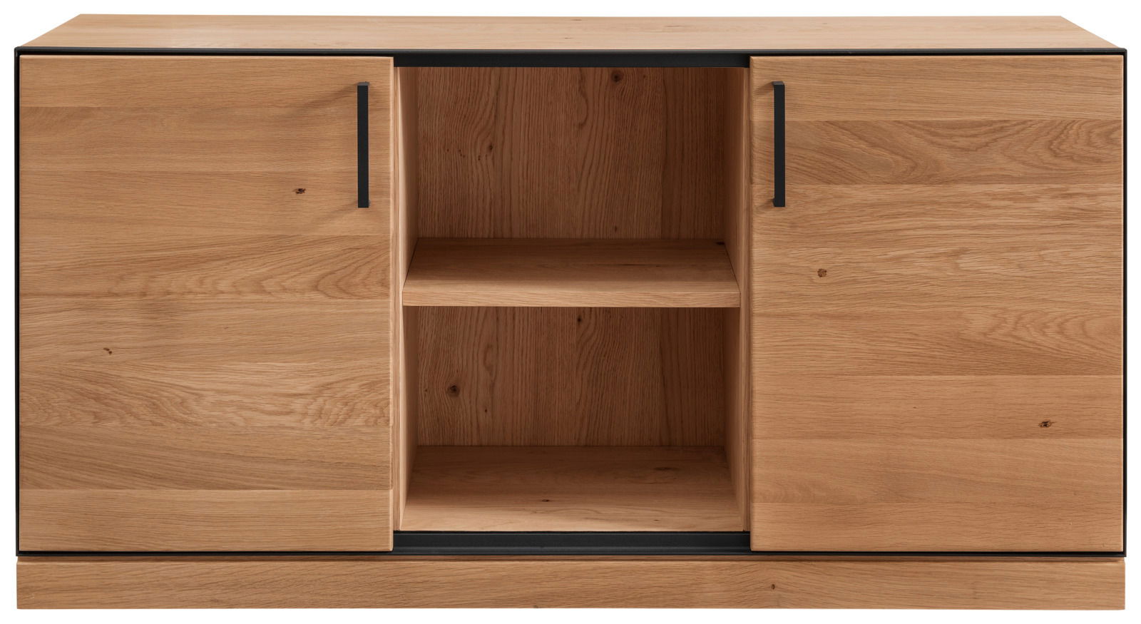 Frontansicht einer Roll-Kommode aus Holz mit zwei Türen und einem offenen Fach in der Mitte.