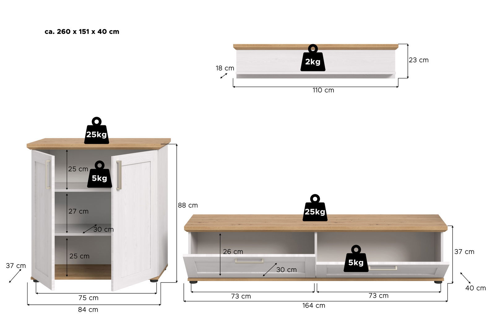 Wohnkombination in Weiß mit Holzoberfläche, bestehend aus einem hohen Schrank mit zwei Türen und einem niedrigen TV-Schrank mit Schubladen, Gesamtmaße ca. 260 x 151 x 40 cm, Perspektive von vorne.