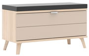 Garderobenbank mit hellem Holzrahmen, zwei Schubladen in Beige und einer dunklen Sitzfläche, seitliche Perspektive