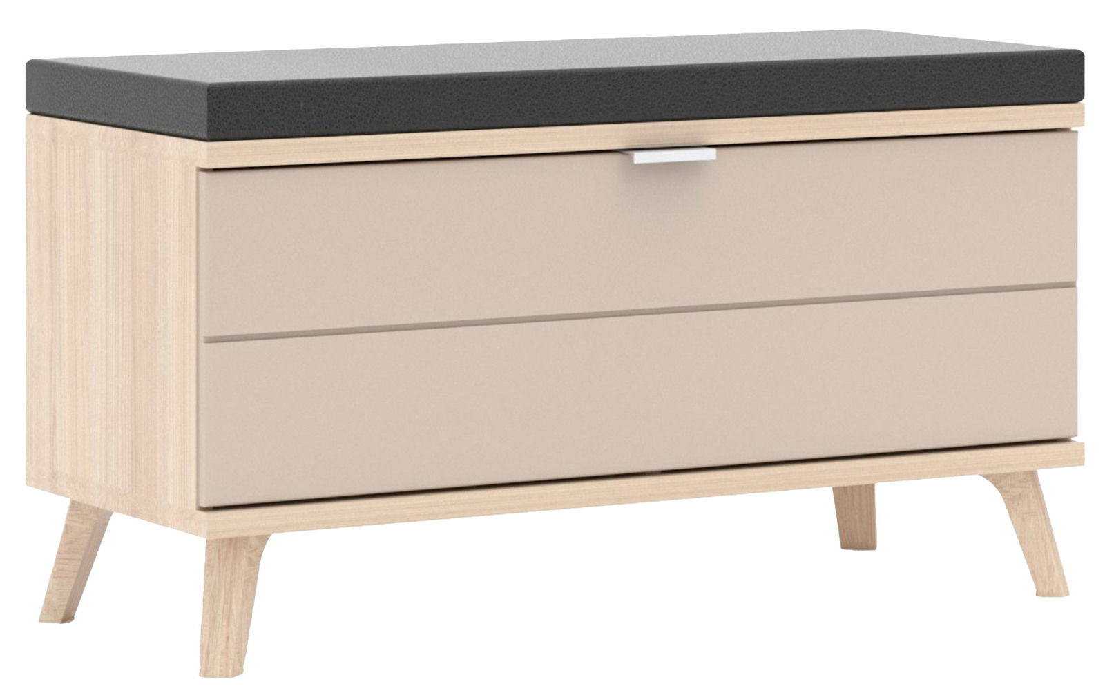 Garderobenbank mit hellem Holzrahmen, zwei Schubladen in Beige und einer dunklen Sitzfläche, seitliche Perspektive