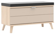 Garderobenbank mit hellem Holzrahmen, zwei Schubladen in Beige und einer dunklen Sitzfläche, seitliche Perspektive