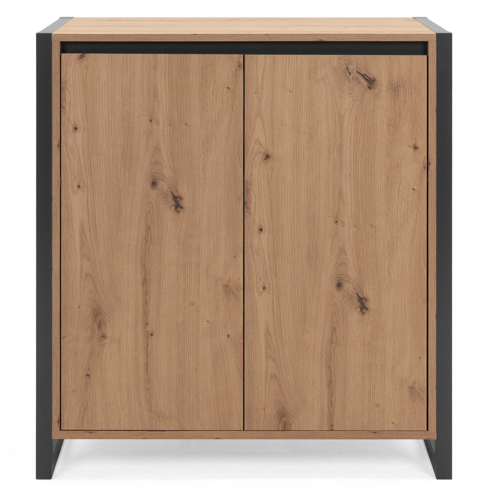 Frontansicht einer modernen Kommode mit Holzoptik und schwarzen Akzenten.