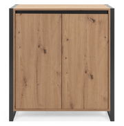 Frontansicht einer modernen Kommode mit Holzoptik und schwarzen Akzenten.