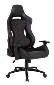 Gaming Stuhl in schwarzem Leder mit roten Nähten, seitliche Perspektive