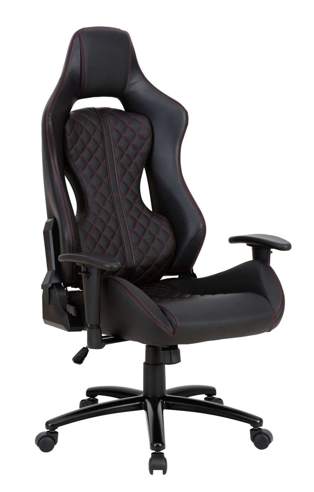 Gaming Stuhl in schwarzem Leder mit roten Nähten, seitliche Perspektive