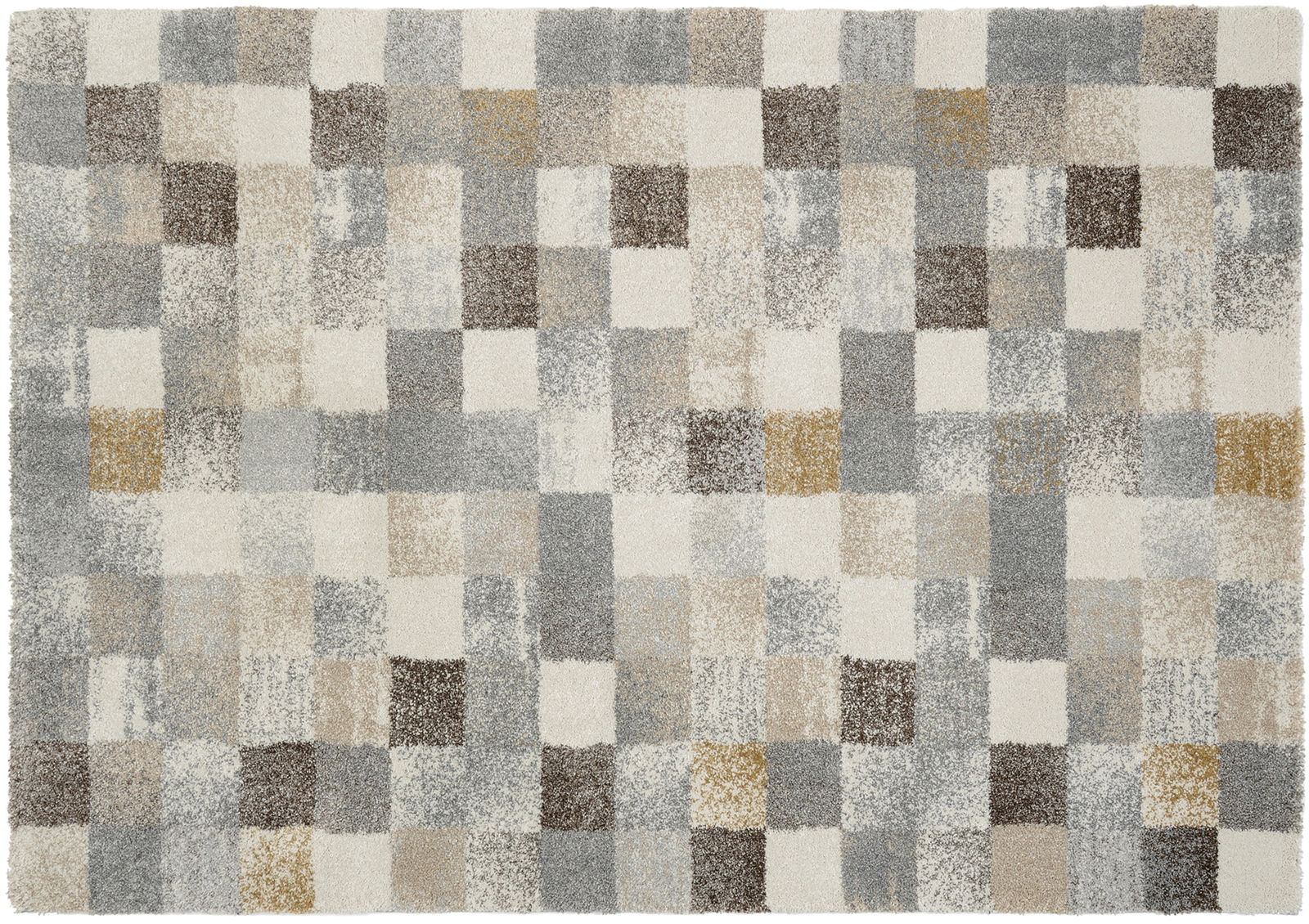 Frisé-Teppich mit einem modernen, karierten Muster in verschiedenen Beige-, Grau- und Brauntönen, aus der Vogelperspektive betrachtet.