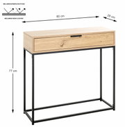 Konsole aus Holz mit schwarzem Metallgestell, 80 cm breit, 28 cm tief, 77 cm hoch, seitliche Perspektive