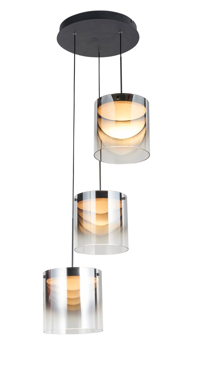 Moderne LED-Hängeleuchte mit drei zylindrischen, transparenten Schirmen, die von einer schwarzen Deckenhalterung herabhängen. Seitliche Perspektive.