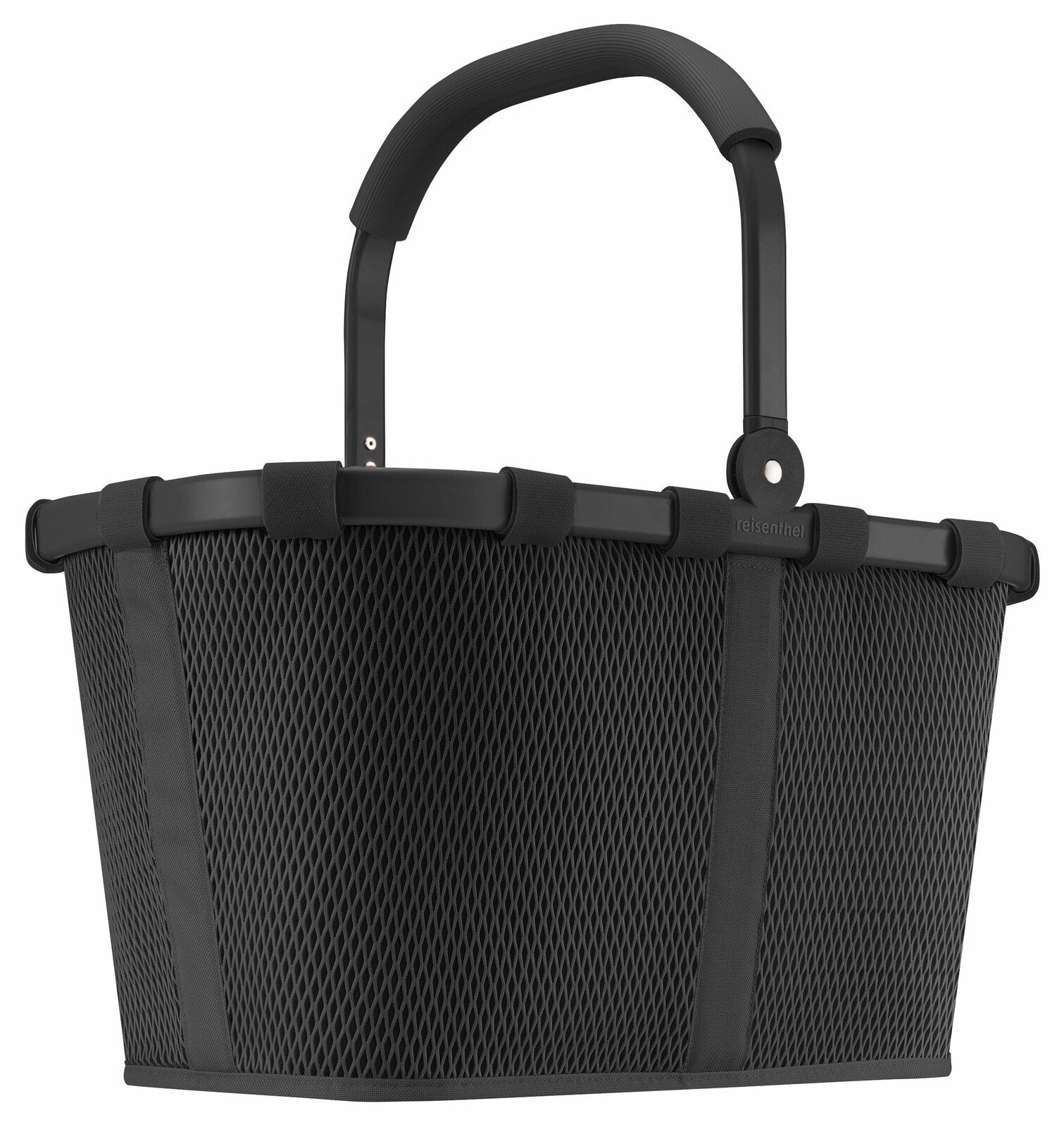 Reisenthel Carrybag Mesh Black Schwarzer Einkaufskorb mit Netzstruktur und stabilem Griff, seitliche Perspektive