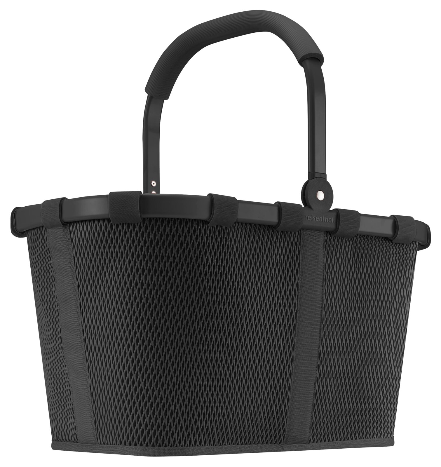 Reisenthel Carrybag Mesh Zwart Schwarzer Einkaufskorb mit Netzstruktur und stabilem Griff, seitliche Perspektive