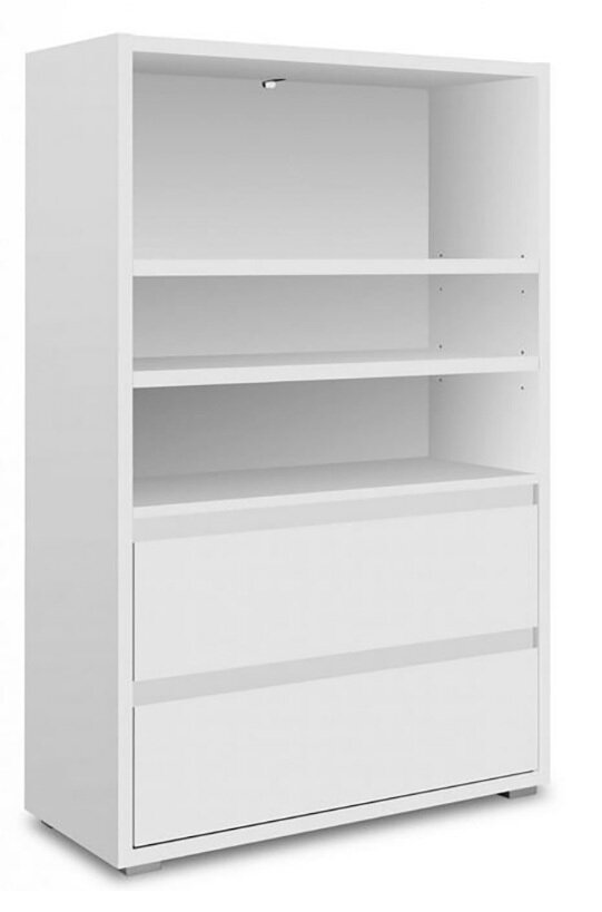Z2 Regal IMAGE Weißes Regal mit zwei offenen Fächern und zwei Schubladen, seitliche Perspektive