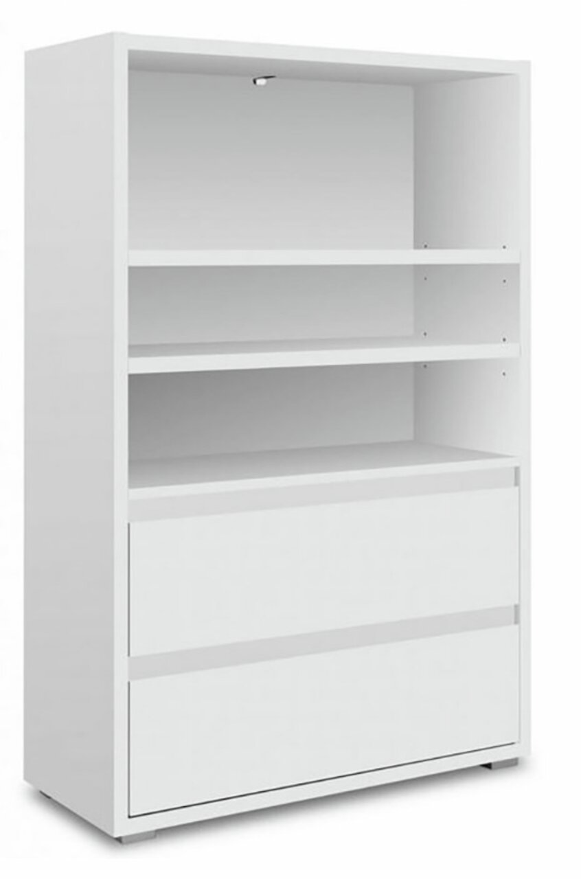 Z2 Regal IMAGE Weißes Regal mit zwei offenen Fächern und zwei Schubladen, seitliche Perspektive