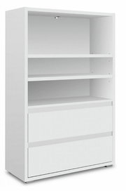 Weißes Regal mit zwei offenen Fächern und zwei Schubladen, seitliche Perspektive