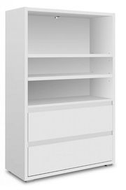 Weißes Regal mit zwei offenen Fächern und zwei Schubladen, seitliche Perspektive