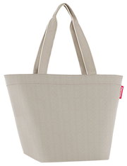 Shopper-Tasche in Sandfarbe mit Fischgrätenmuster, seitliche Perspektive