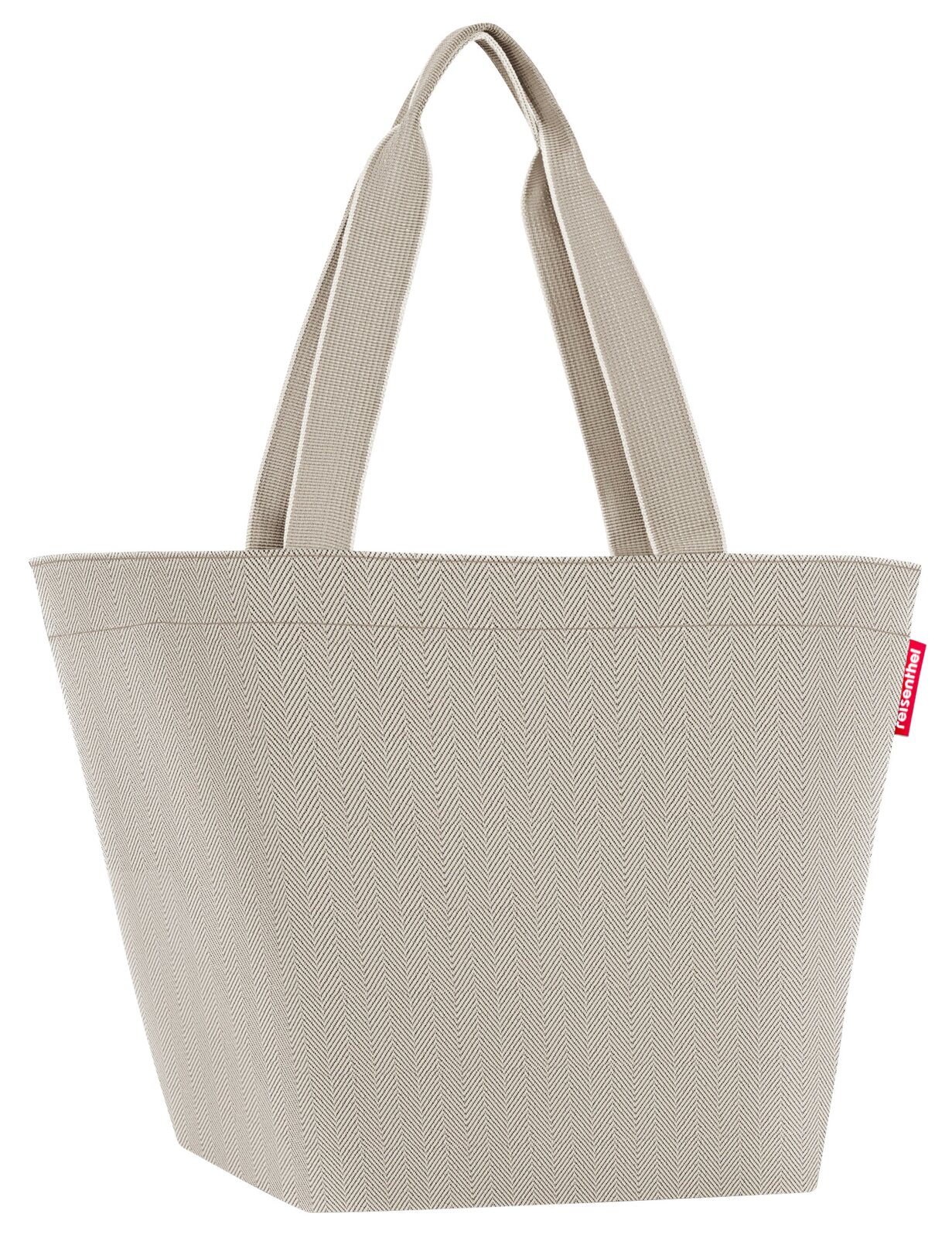 Shopper-Tasche in Sandfarbe mit Fischgrätenmuster, seitliche Perspektive