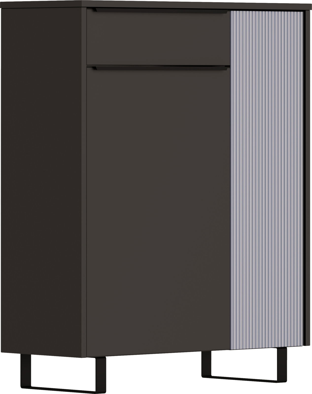 Moderner Schuhschrank in dunklem Design mit geriffelter Tür, seitliche Perspektive