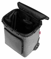 Grauer Einkaufstrolley mit offenem Deckel, von oben betrachtet, zeigt Innenraum und Vordertasche.