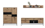Wandkombination aus Holz mit schwarzem Metallgestell, bestehend aus einem hohen Schrank, einem niedrigen TV-Schrank und einem Wandregal, frontal betrachtet.