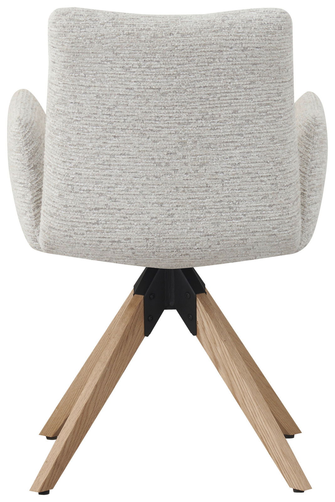 Rückansicht eines modernen Armlehnstuhls mit hellgrauem Stoffbezug und Holzbeinen.