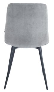 Rückansicht eines grauen Stuhls mit geripptem Stoffbezug und schwarzen Metallbeinen.