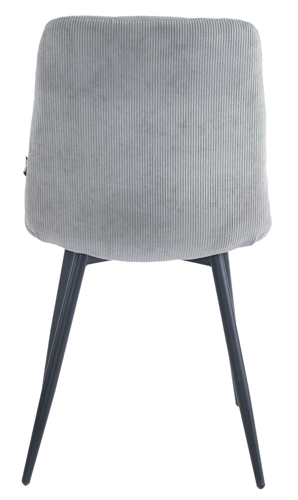 BOXXX Stuhl CURTY Rückansicht eines grauen Stuhls mit geripptem Stoffbezug und schwarzen Metallbeinen.