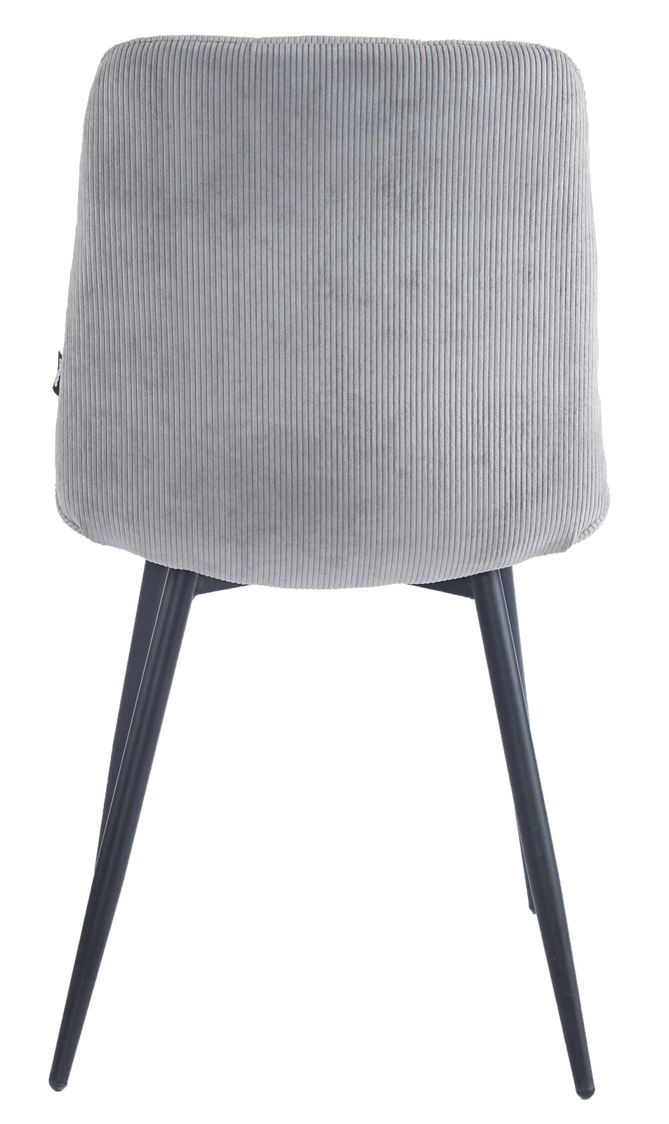 BOXXX Stuhl CURTY Rückansicht eines grauen Stuhls mit geripptem Stoffbezug und schwarzen Metallbeinen.