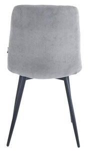 Rückansicht eines grauen Stuhls mit geripptem Stoffbezug und schwarzen Metallbeinen.