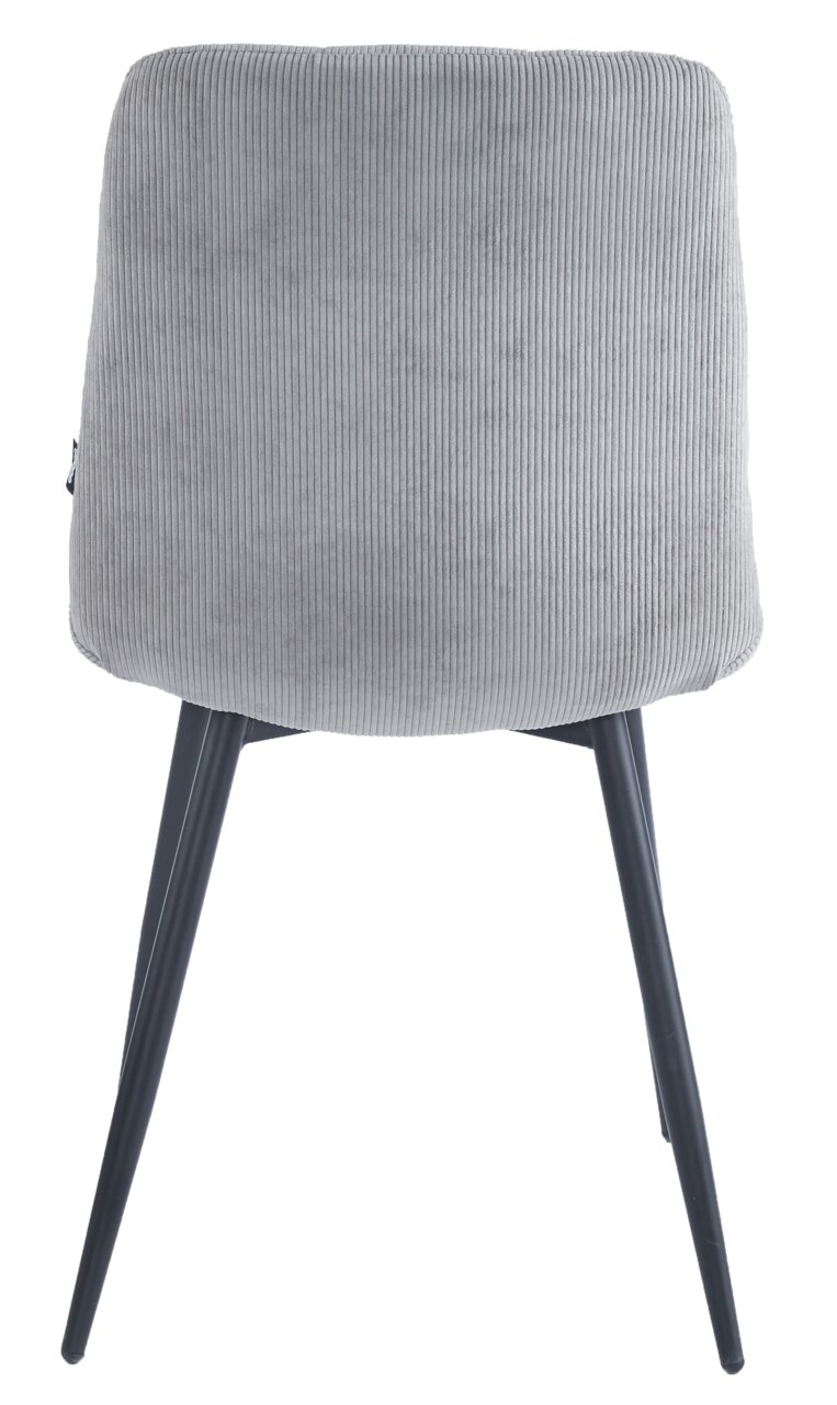 BOXXX Stuhl CURTY Rückansicht eines grauen Stuhls mit geripptem Stoffbezug und schwarzen Metallbeinen.
