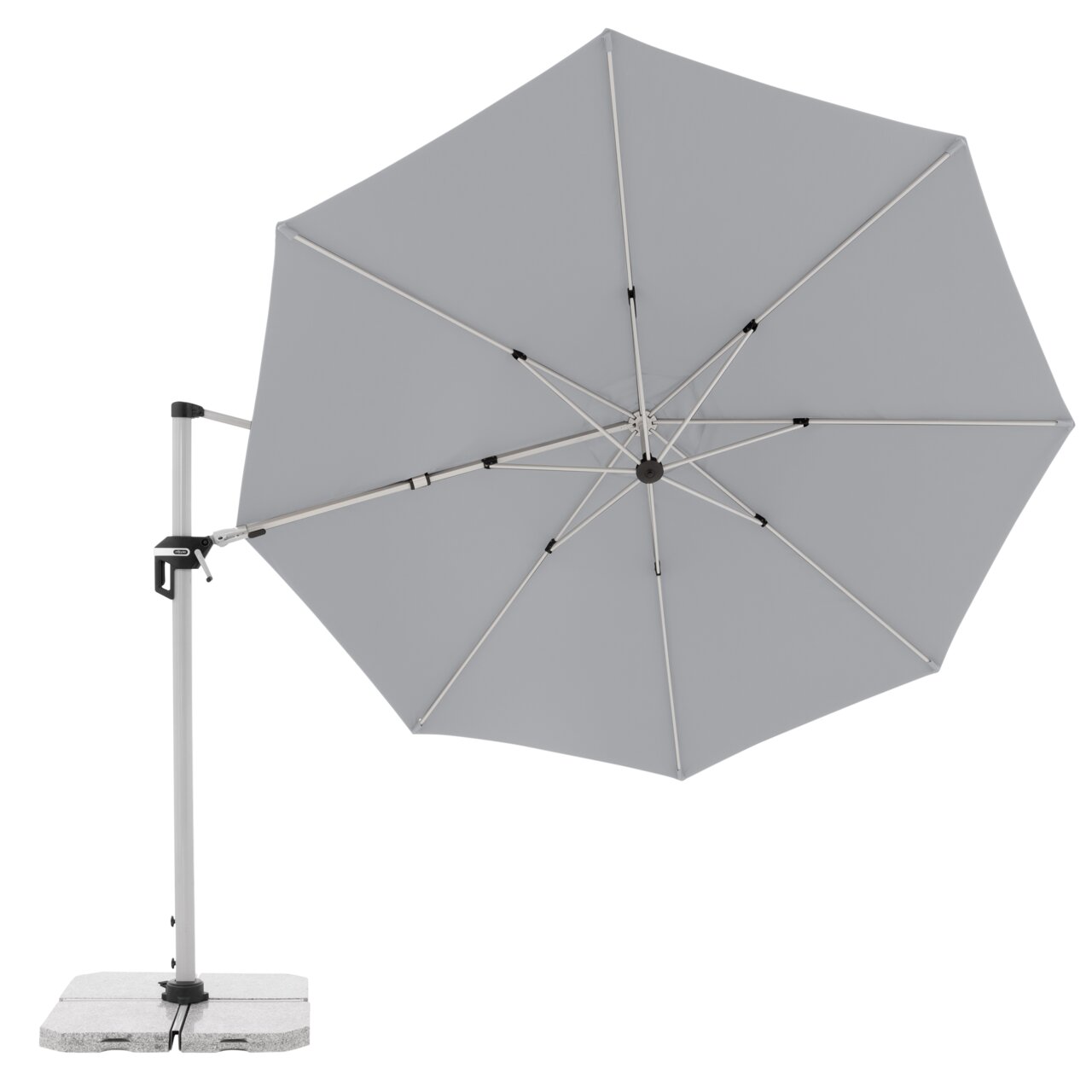 Grijze hanglamp met zijsteun en betonnen voet, zijaanzicht
