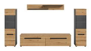 Wohnwand-Set im Industrial-Design mit TV-Lowboard, zwei Vitrinenschränken und Wandboard, Eiche-Optik mit anthrazitfarbenen Elementen und schwarzen Griffleisten, Frontansicht