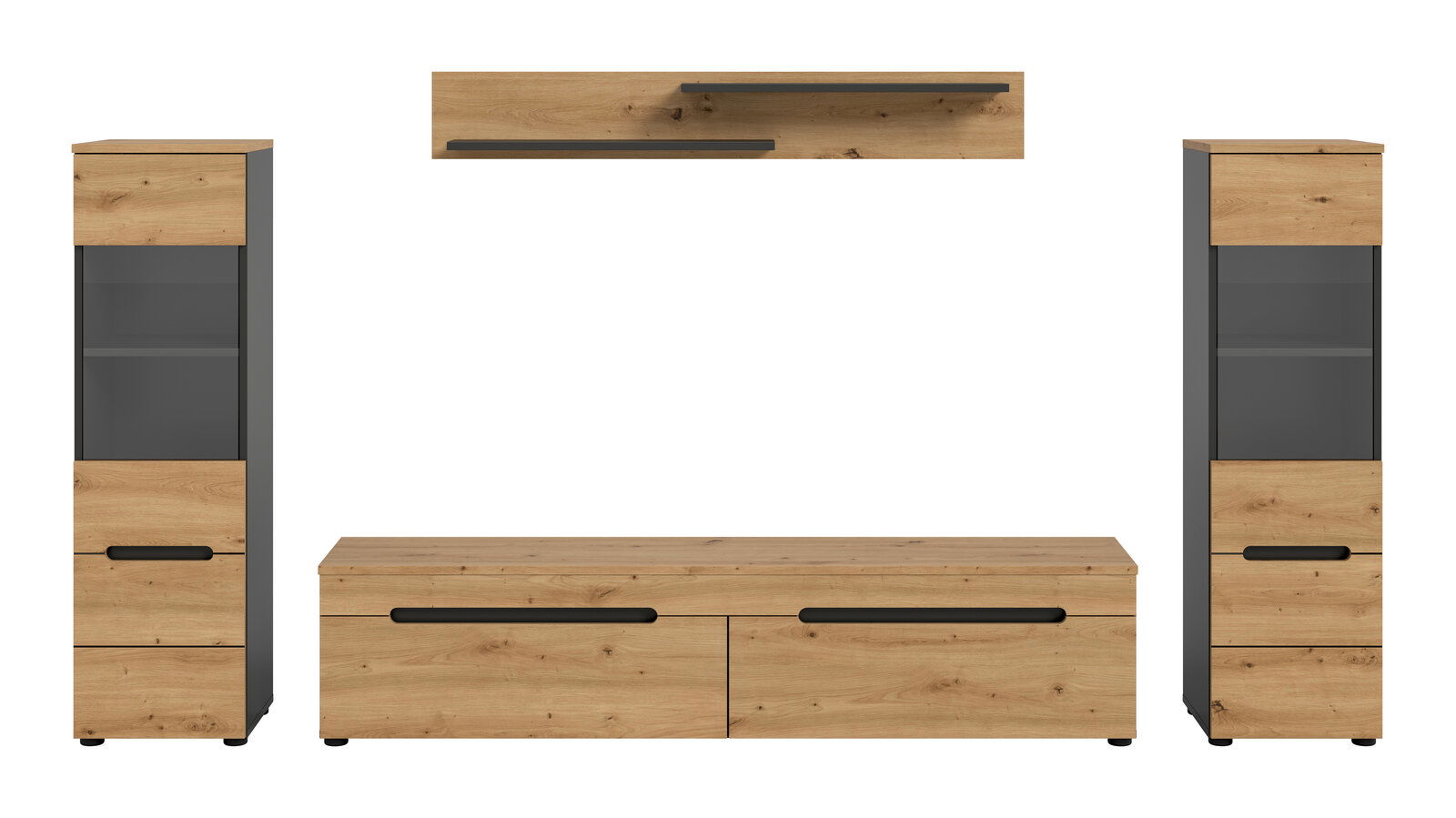 Wohnwand-Set im Industrial-Design mit TV-Lowboard, zwei Vitrinenschränken und Wandboard, Eiche-Optik mit anthrazitfarbenen Elementen und schwarzen Griffleisten, Frontansicht