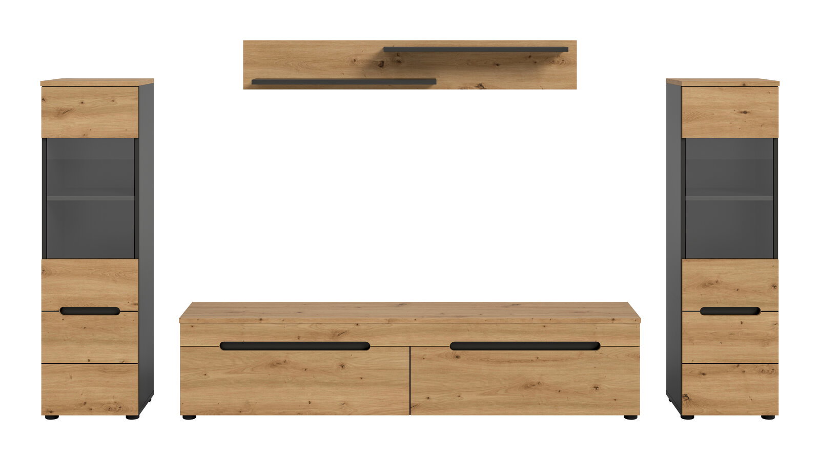 Wohnwand-Set im Industrial-Design mit TV-Lowboard, zwei Vitrinenschränken und Wandboard, Eiche-Optik mit anthrazitfarbenen Elementen und schwarzen Griffleisten, Frontansicht
