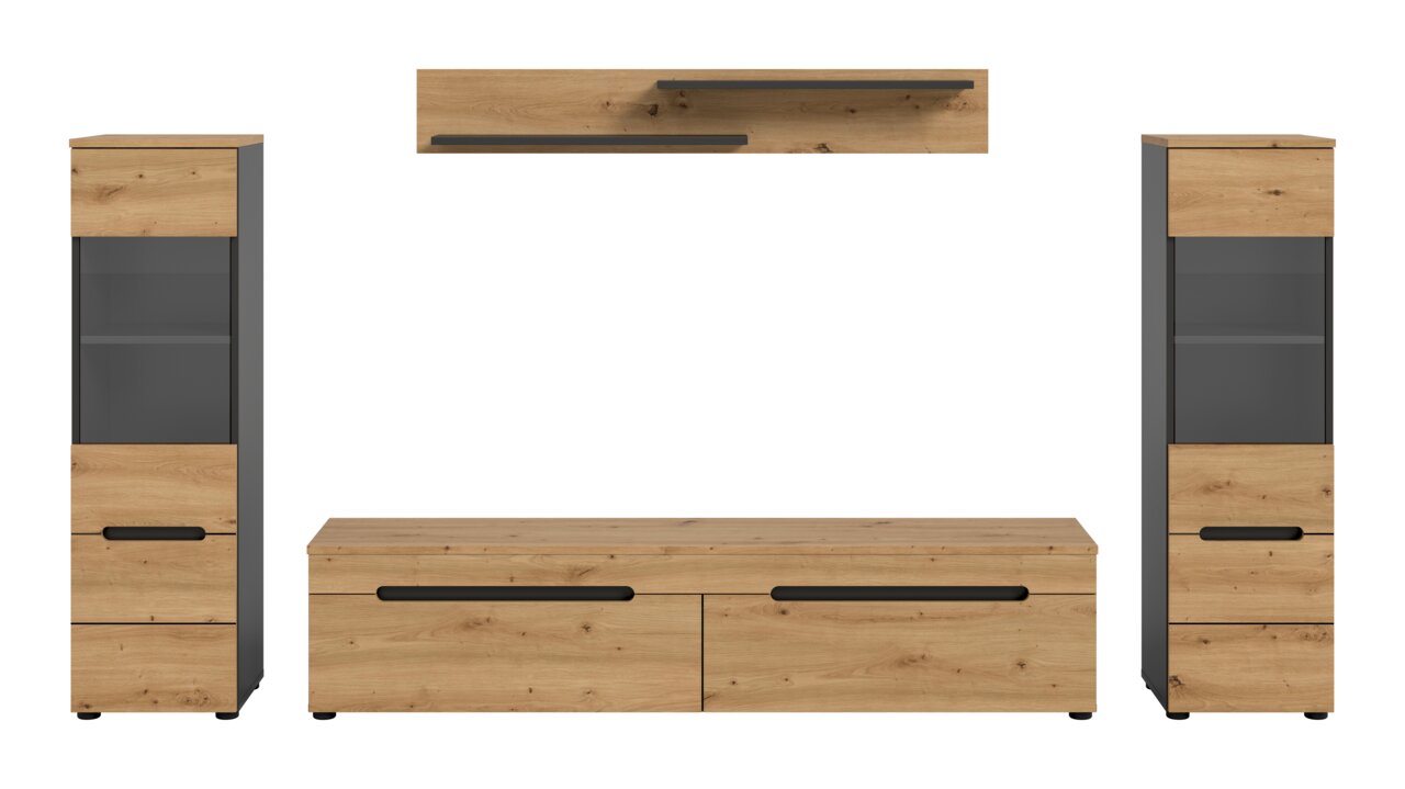 Wohnwand-Set im Industrial-Design mit TV-Lowboard, zwei Vitrinenschränken und Wandboard, Eiche-Optik mit anthrazitfarbenen Elementen und schwarzen Griffleisten, Frontansicht