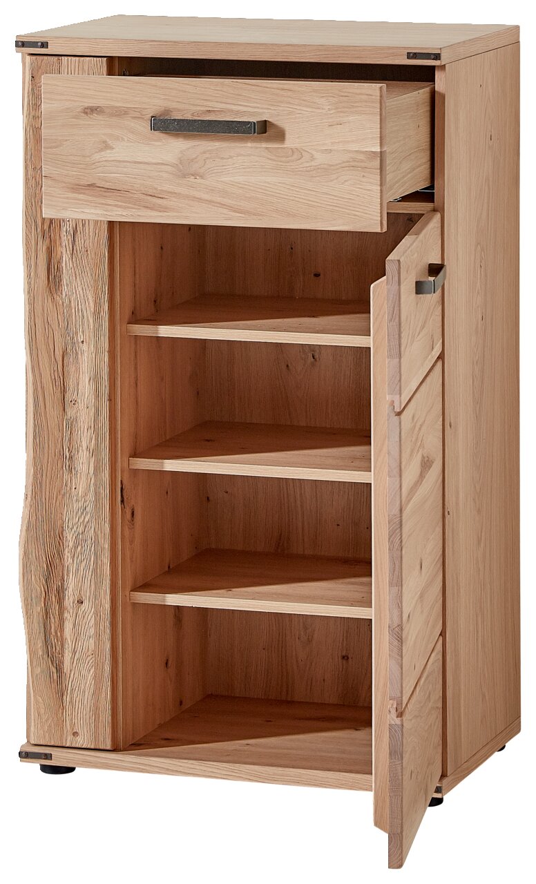 Schuhschrank aus Holz mit geöffneter Schublade und Tür, seitliche Perspektive